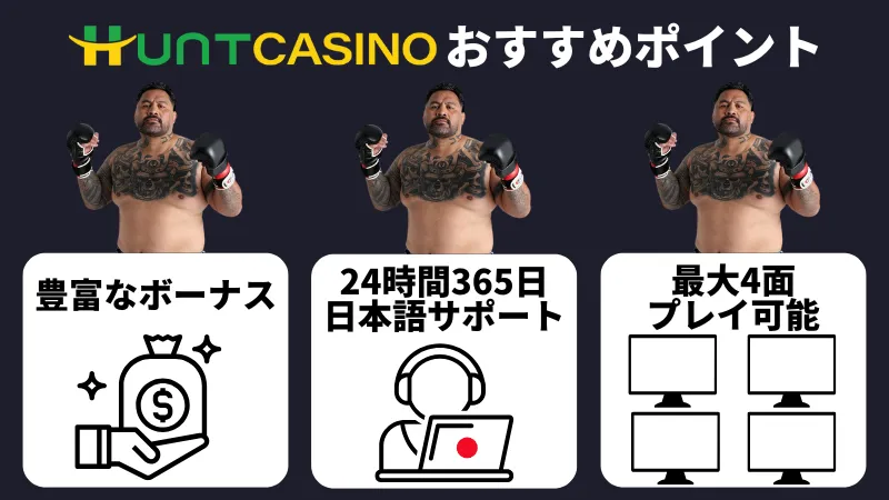 ハントカジノ解説 ボーナス 口コミ評判 入出金方法