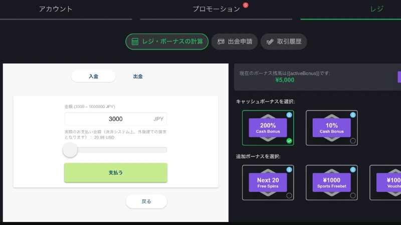 ボンズカジノの入金方法3 入金額を入力して「支払う」をクリック