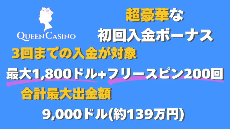クイーンカジノの初回入金ボーナス紹介