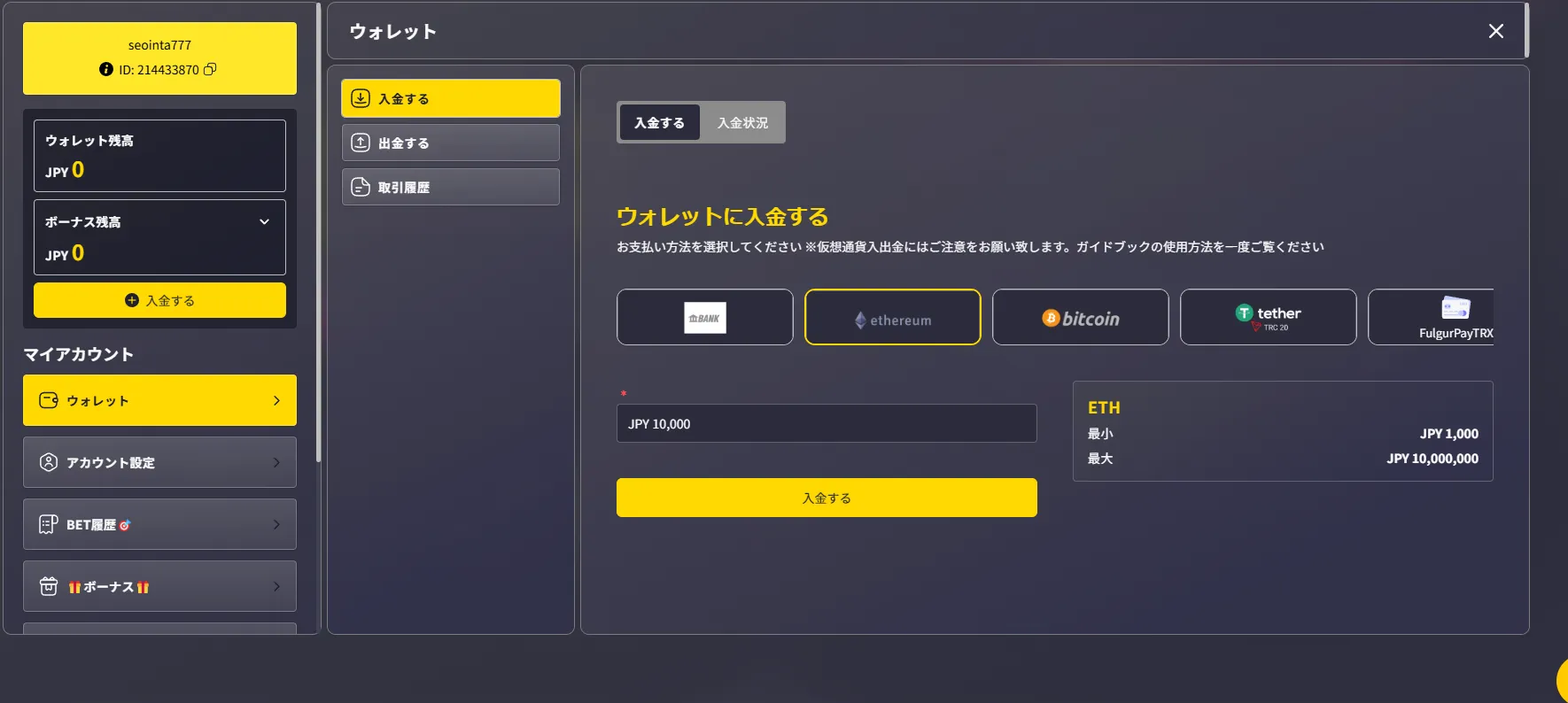 ビッグベットカジノ　入金方法